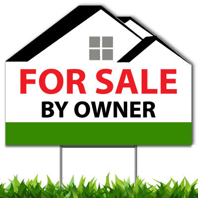 For Sale By Owner Custom Yard Sign, Die Cut to House Shape, 18x24 Inch Yard Sign, Single Side Print, Outdoor, Weatherproof Corrugated Plastic, Metal H-Stake Included, v1