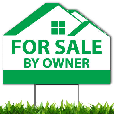 For Sale By Owner Custom Yard Sign, Die Cut to House Shape, 18x24 Inch Yard Sign, Single Side Print, Outdoor, Weatherproof Corrugated Plastic, Metal H-Stake Included, v1