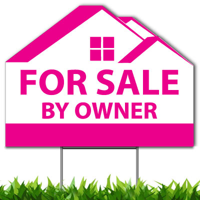 For Sale By Owner Custom Yard Sign, Die Cut to House Shape, 18x24 Inch Yard Sign, Single Side Print, Outdoor, Weatherproof Corrugated Plastic, Metal H-Stake Included, v1