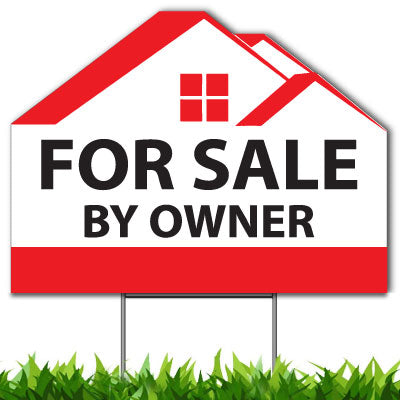 For Sale By Owner Custom Yard Sign, Die Cut to House Shape, 18x24 Inch Yard Sign, Single Side Print, Outdoor, Weatherproof Corrugated Plastic, Metal H-Stake Included, v1