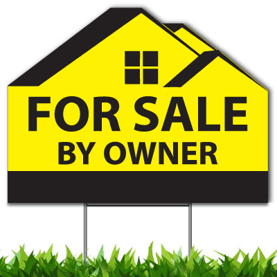 For Sale By Owner Custom Yard Sign, Die Cut to House Shape, 18x24 Inch Yard Sign, Single Side Print, Outdoor, Weatherproof Corrugated Plastic, Metal H-Stake Included, v1