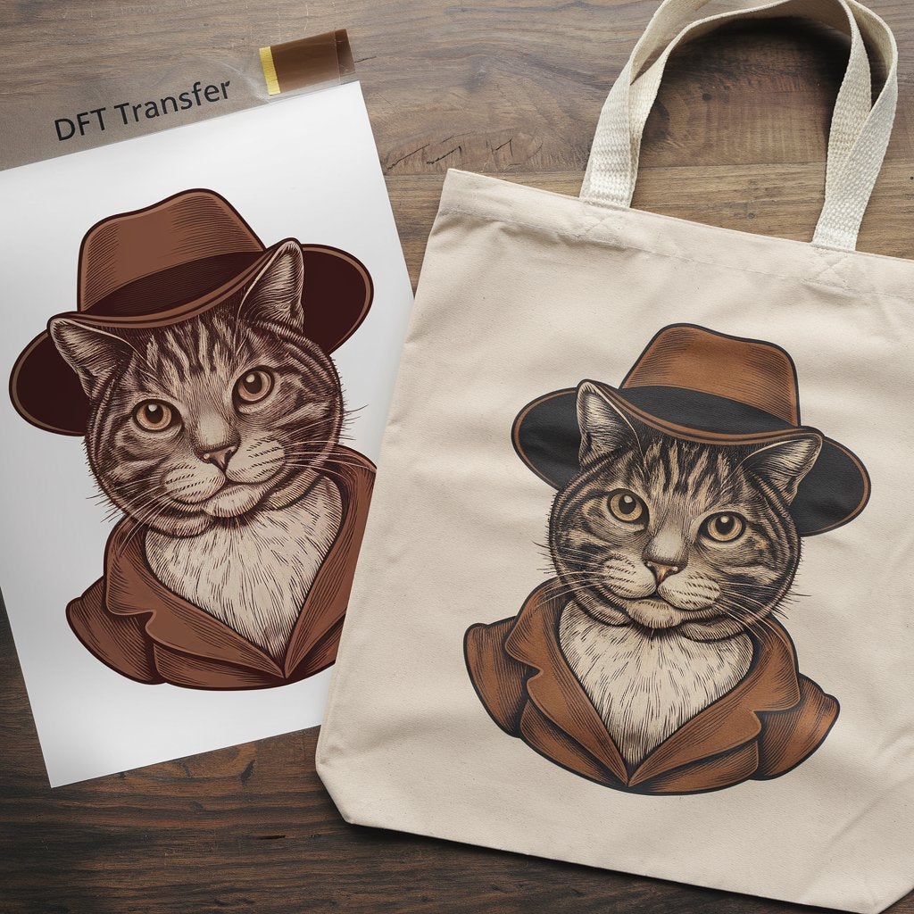 Tote bag with a cat wearing a hat design next to a paper transfer sheet on a wooden surface.