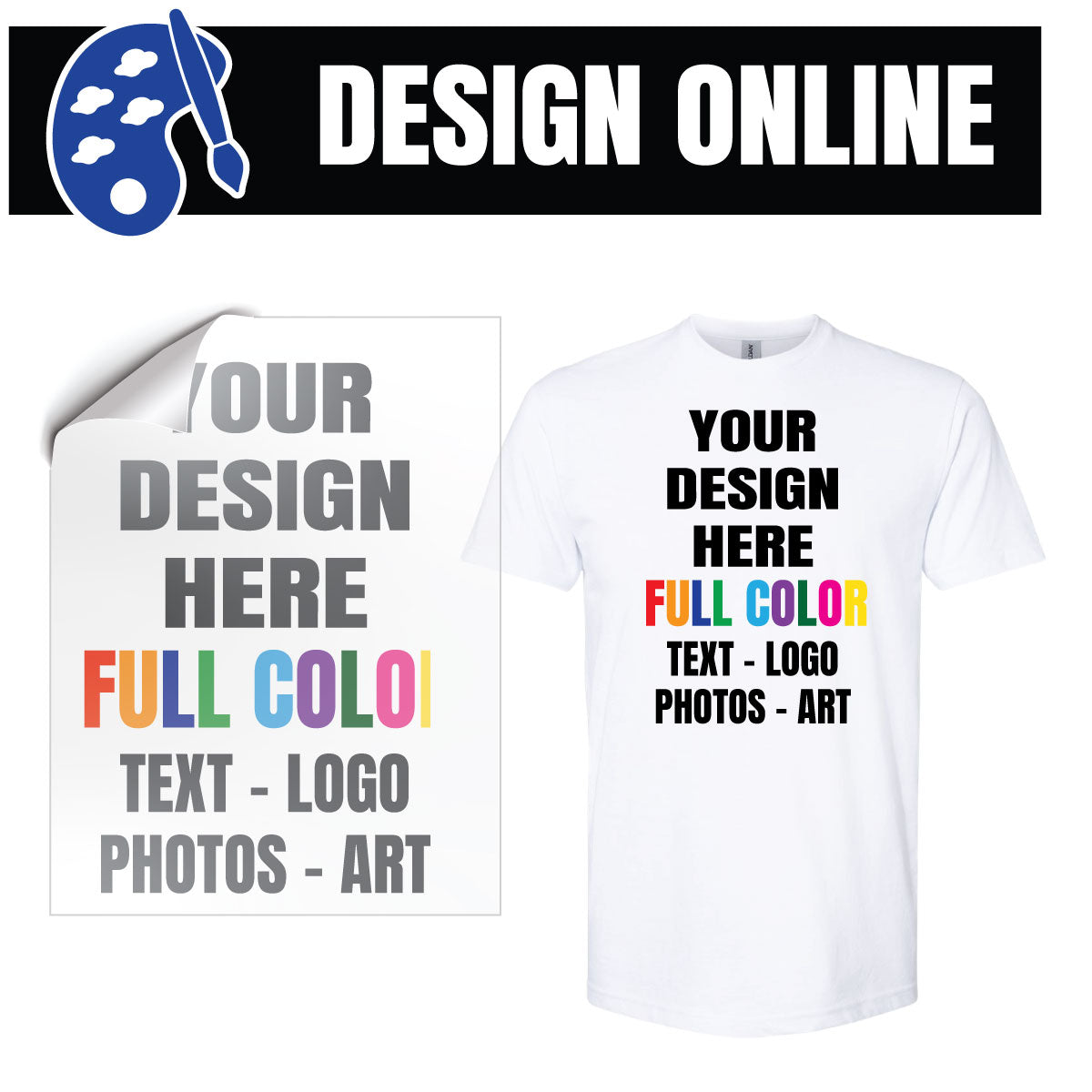 White t-shirt with customizable text, logo, photos, and art on a white background