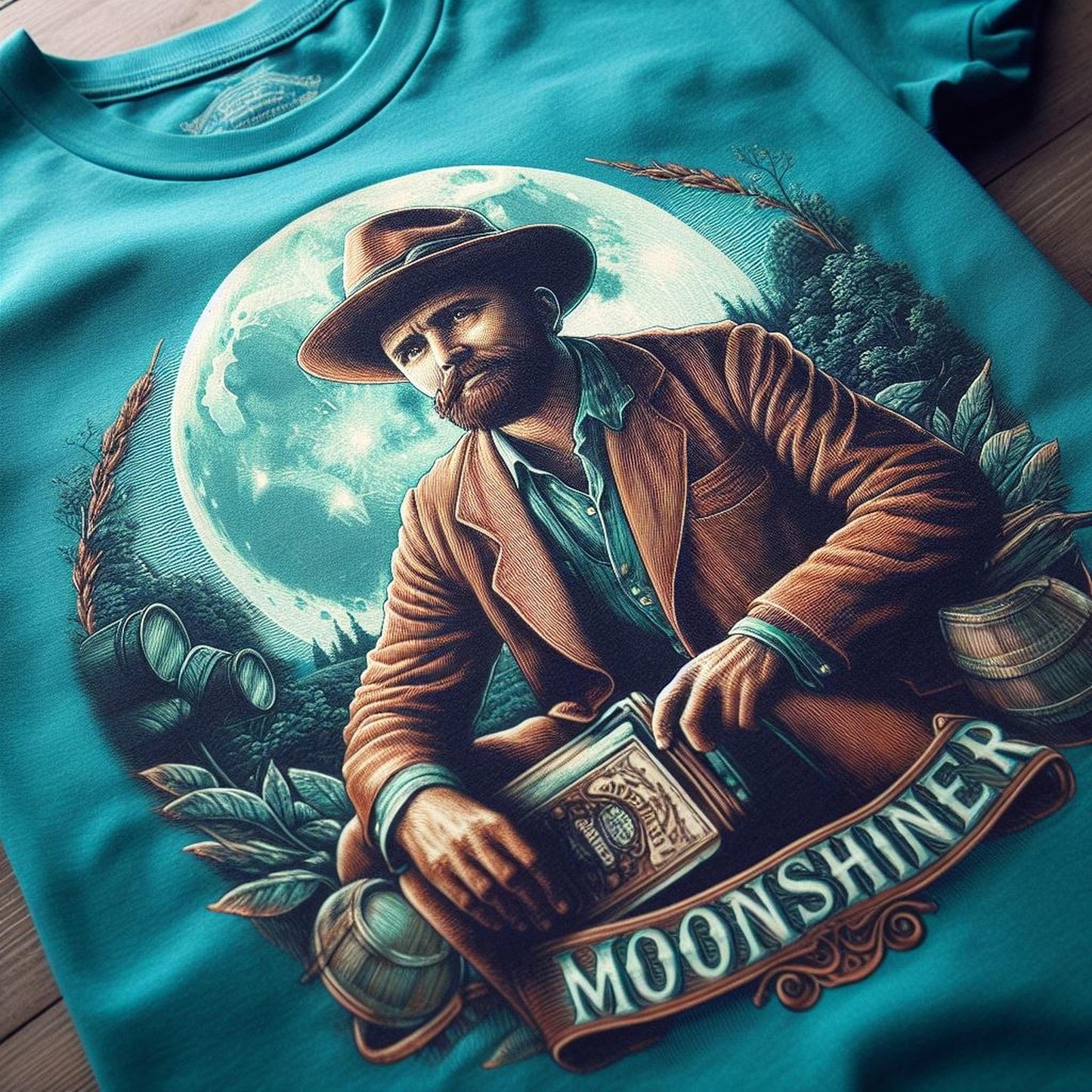 T-shirt with a graphic of a man labeled 'Moonshiner' against a moonlit forest background.