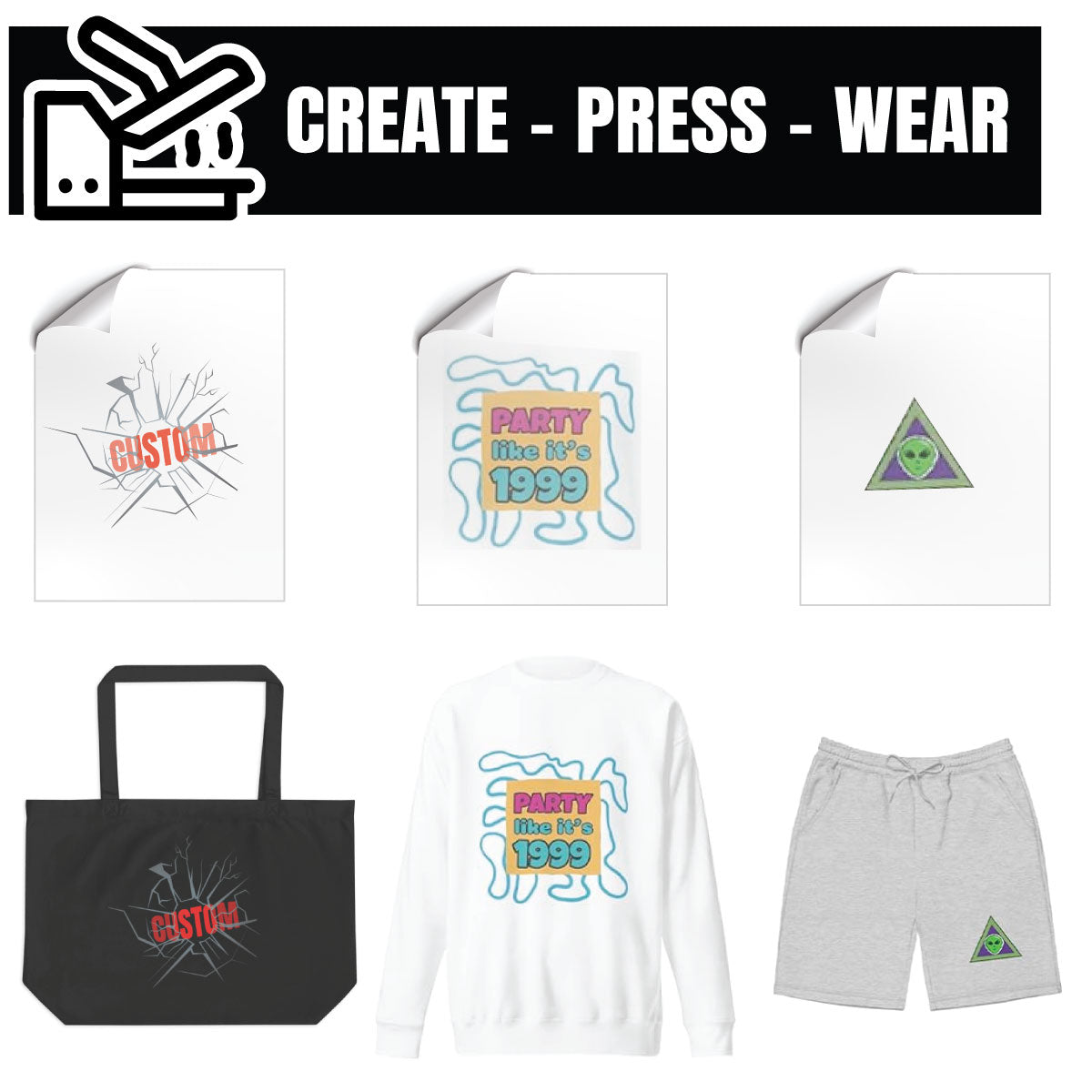 Collection of customizable clothing items with graphic designs on a white background.