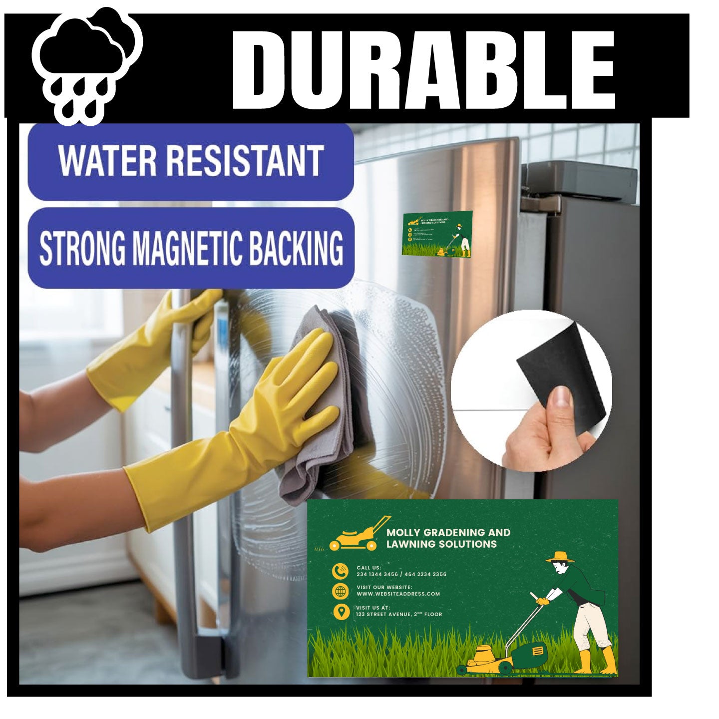 Custom business card size magnet advertisement for durable, water-resistant, and strongly magnetic backing with a hand cleaning a refrigerator door.