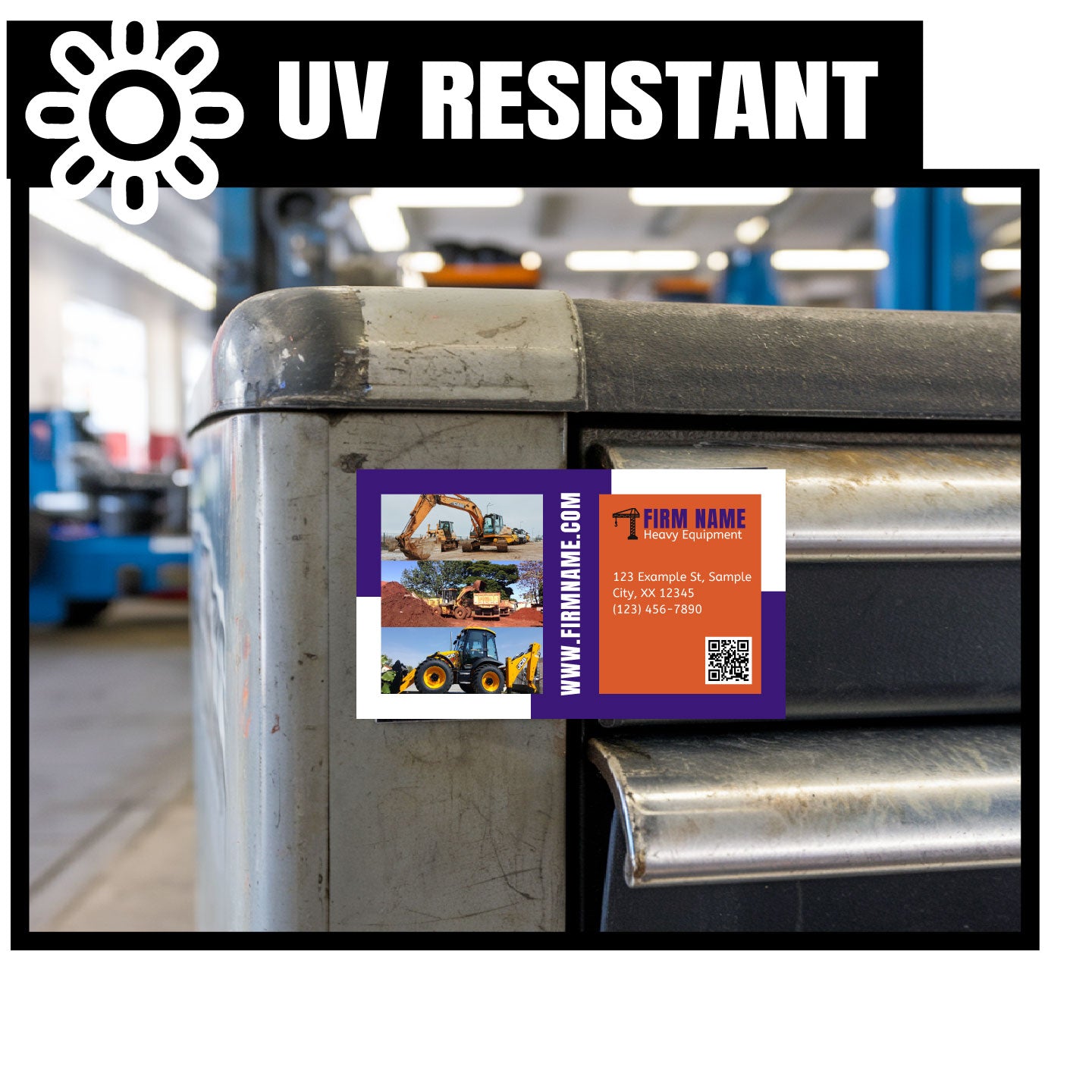 business card magnet on a metal surface with 'UV Resistant' text above.