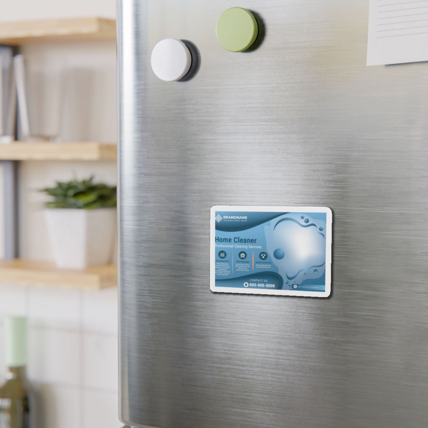 Fridge with a Home Cleaner magnet on a kitchen background