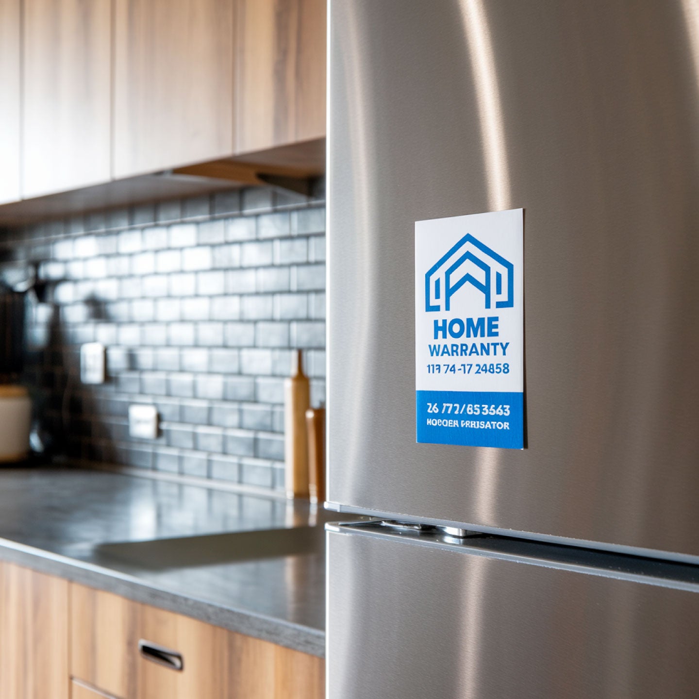 Stainless steel refrigerator with a home warranty magnet attached in a kitchen setting.