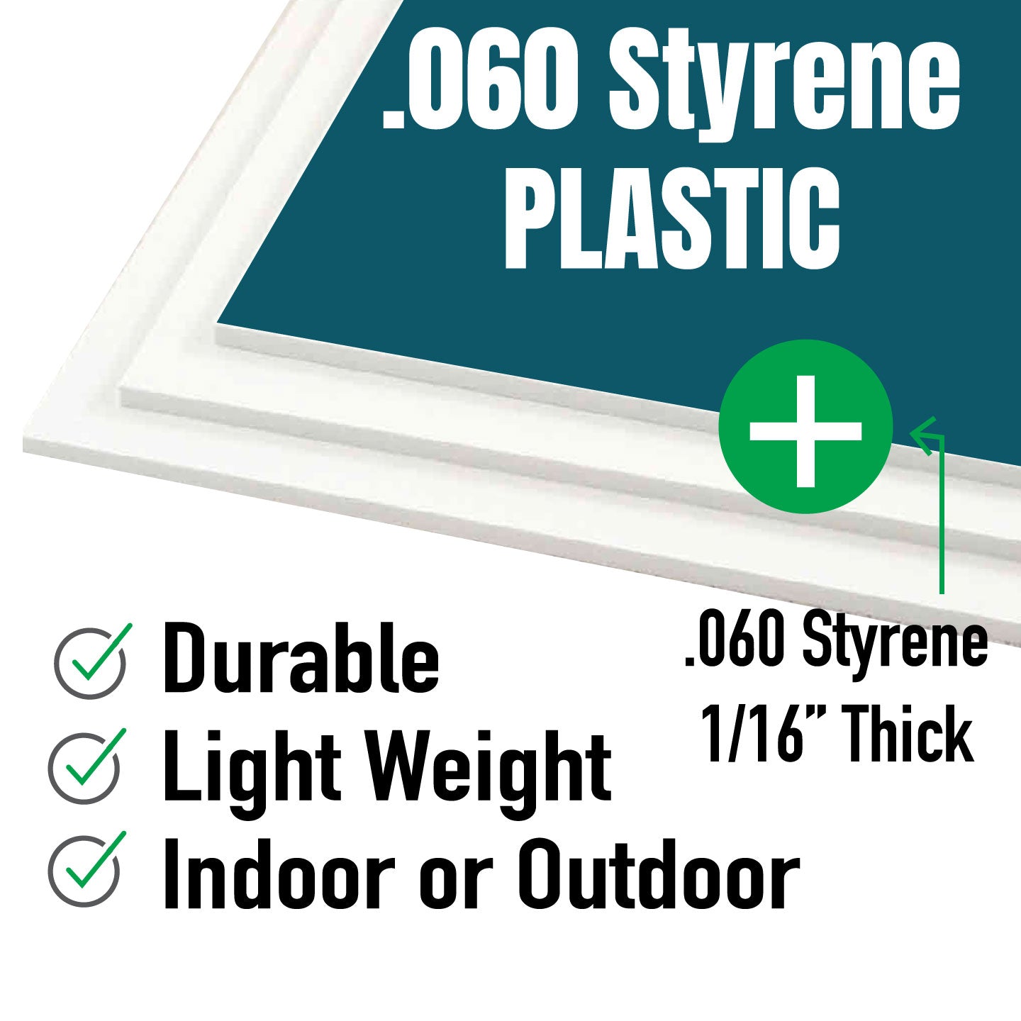 Styrene plastic sheets with durability, weight, and usage information on a white background