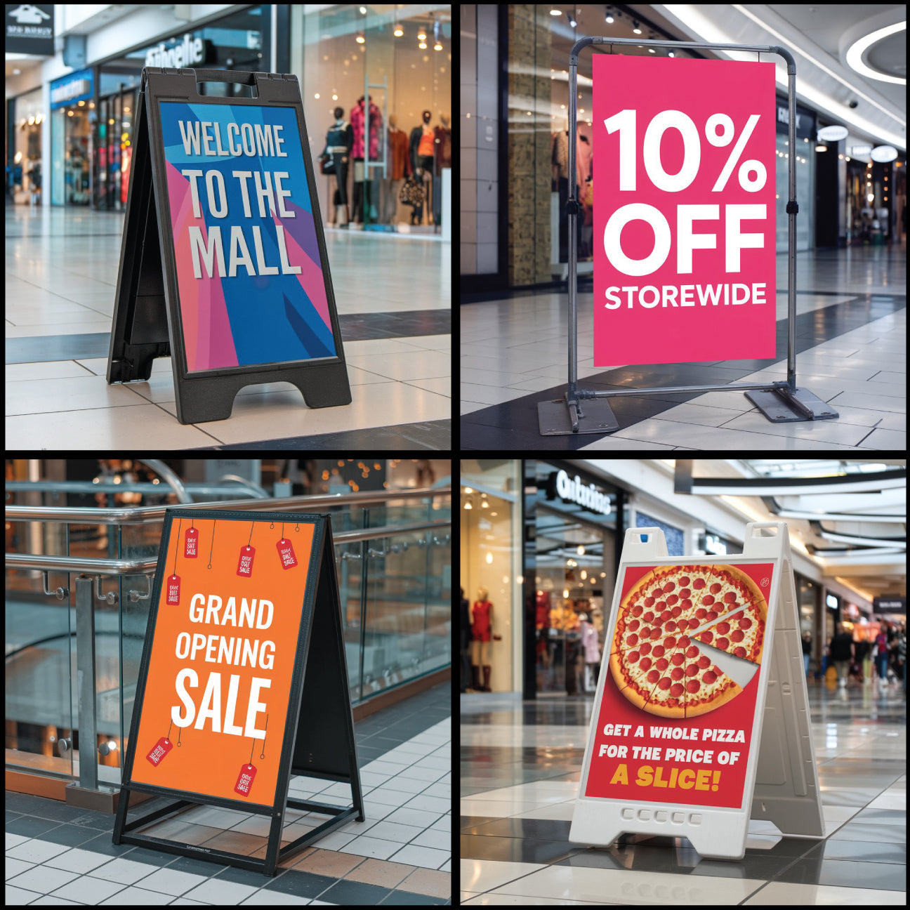 Collage of promotional signs in a shopping mall with various messages.