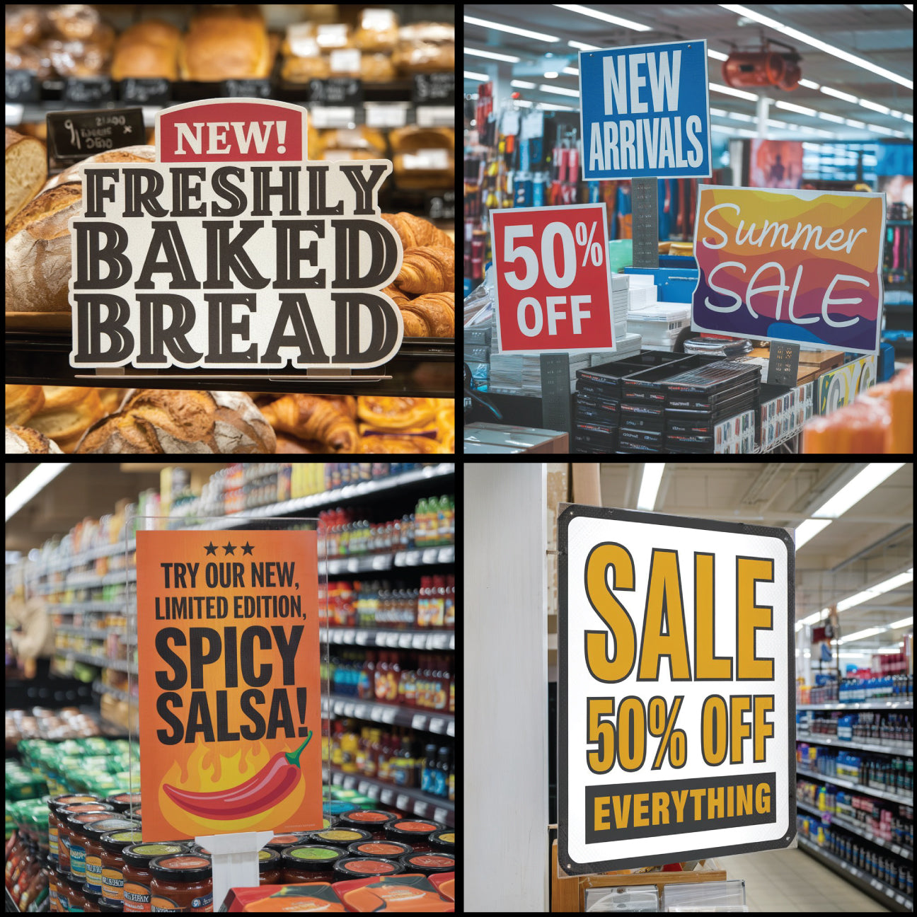 Collage of grocery store signs advertising bread, sale items, and limited edition products.