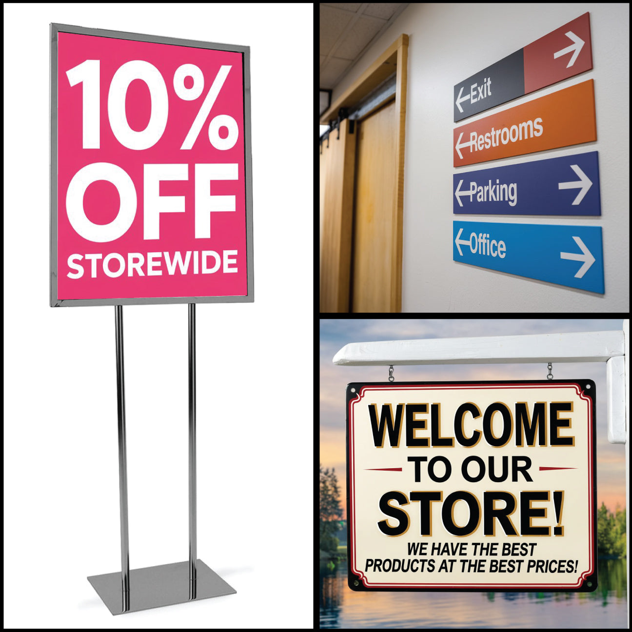 Collage of three signs: a pink '10% OFF STOREWIDE' sign, a directional sign with arrows, and a 'Welcome to our Store!' sign. Custom Plastic Styrene Signs.