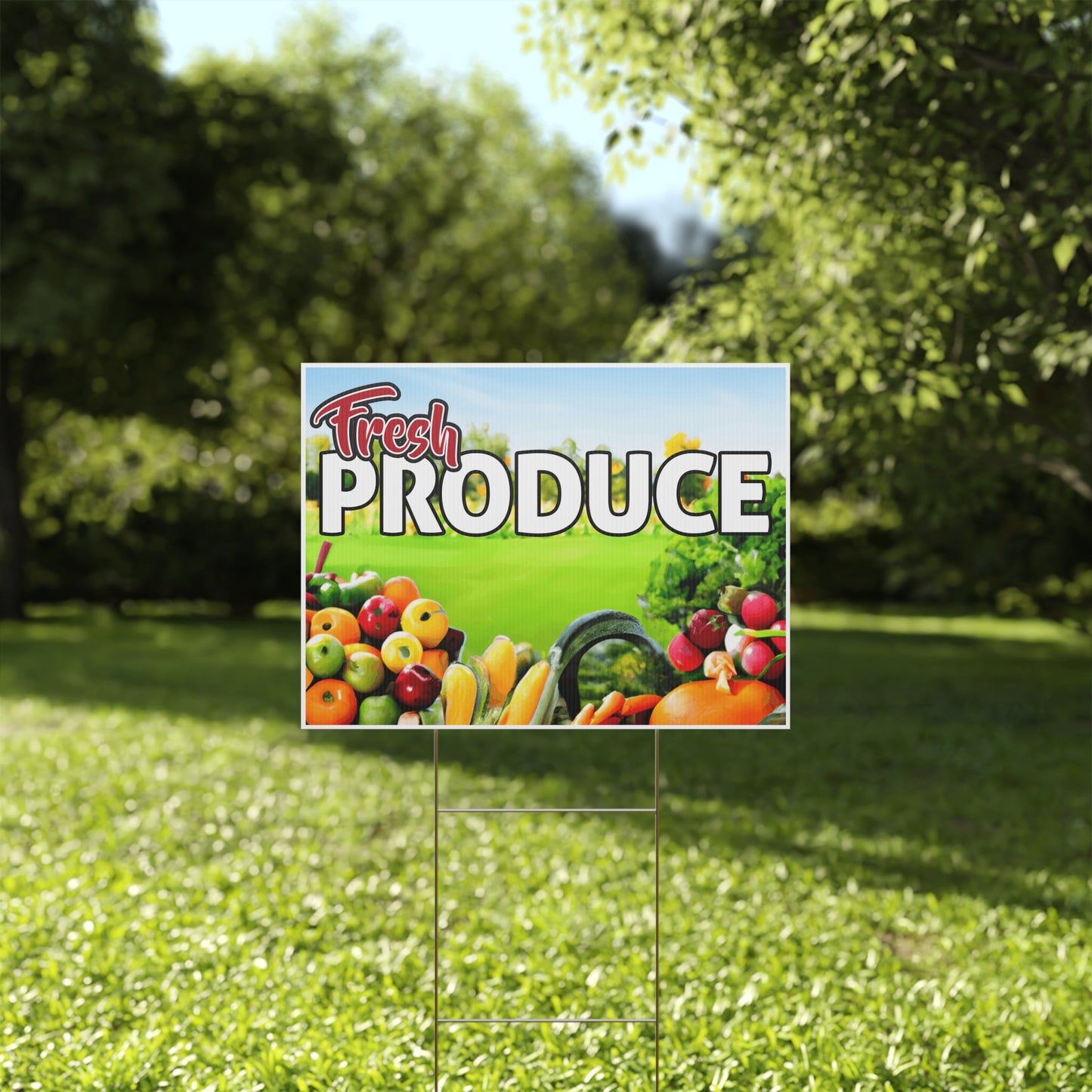 Fresh Produce Yard Sign, 18x12, 24x18, 36x24, Double Sided, H-Stake Included, v1