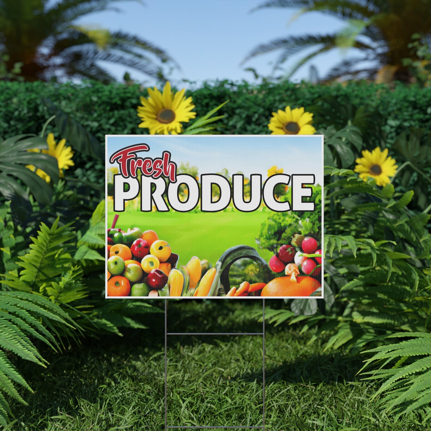 Fresh Produce Yard Sign, 18x12, 24x18, 36x24, Double Sided, H-Stake Included, v1