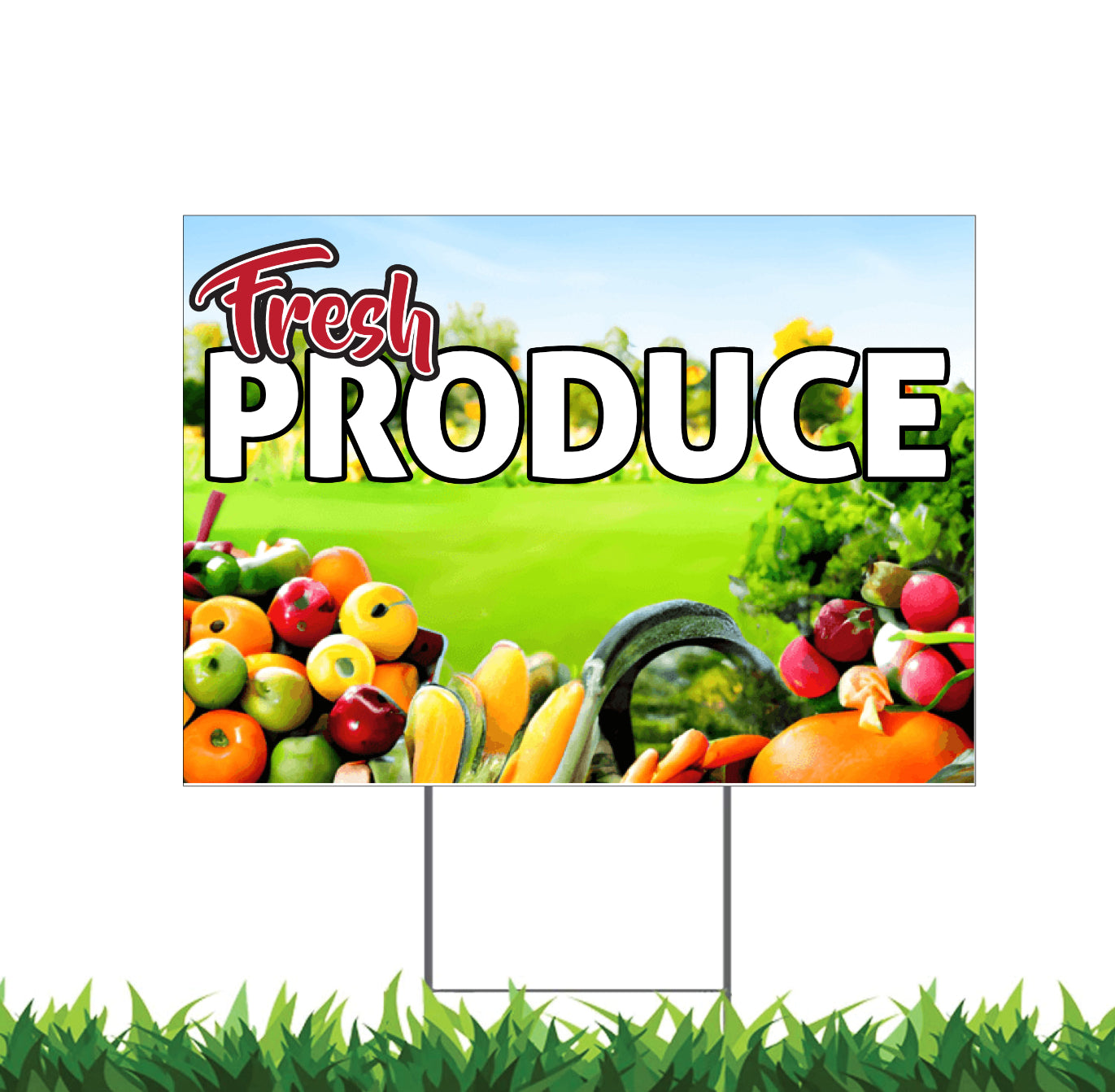 Fresh Produce Yard Sign, 18x12, 24x18, 36x24, Double Sided, H-Stake Included, v1