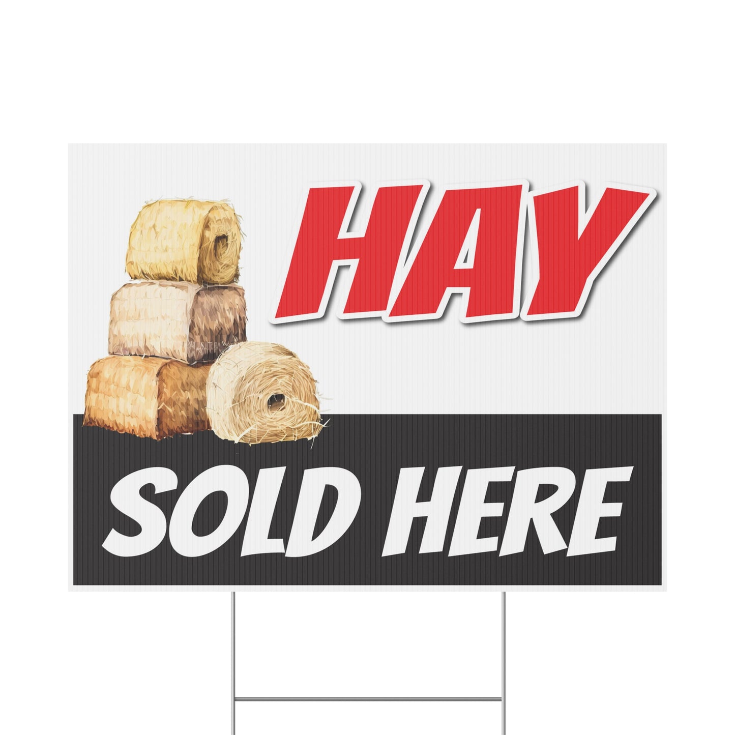 Sign with 'Hay Sold Here' text and images of hay bales on a white background