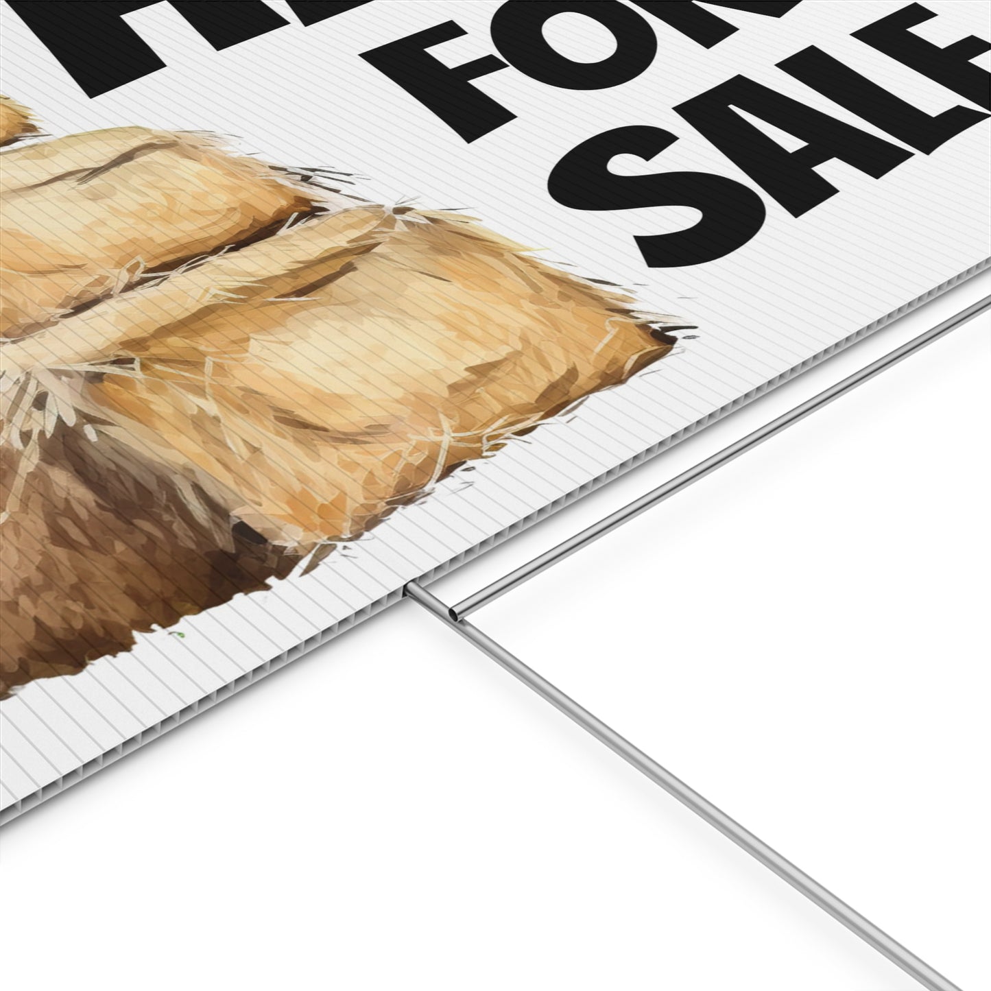 Close-up of a 'Hay For Sale' sign with a haystack on a white background
