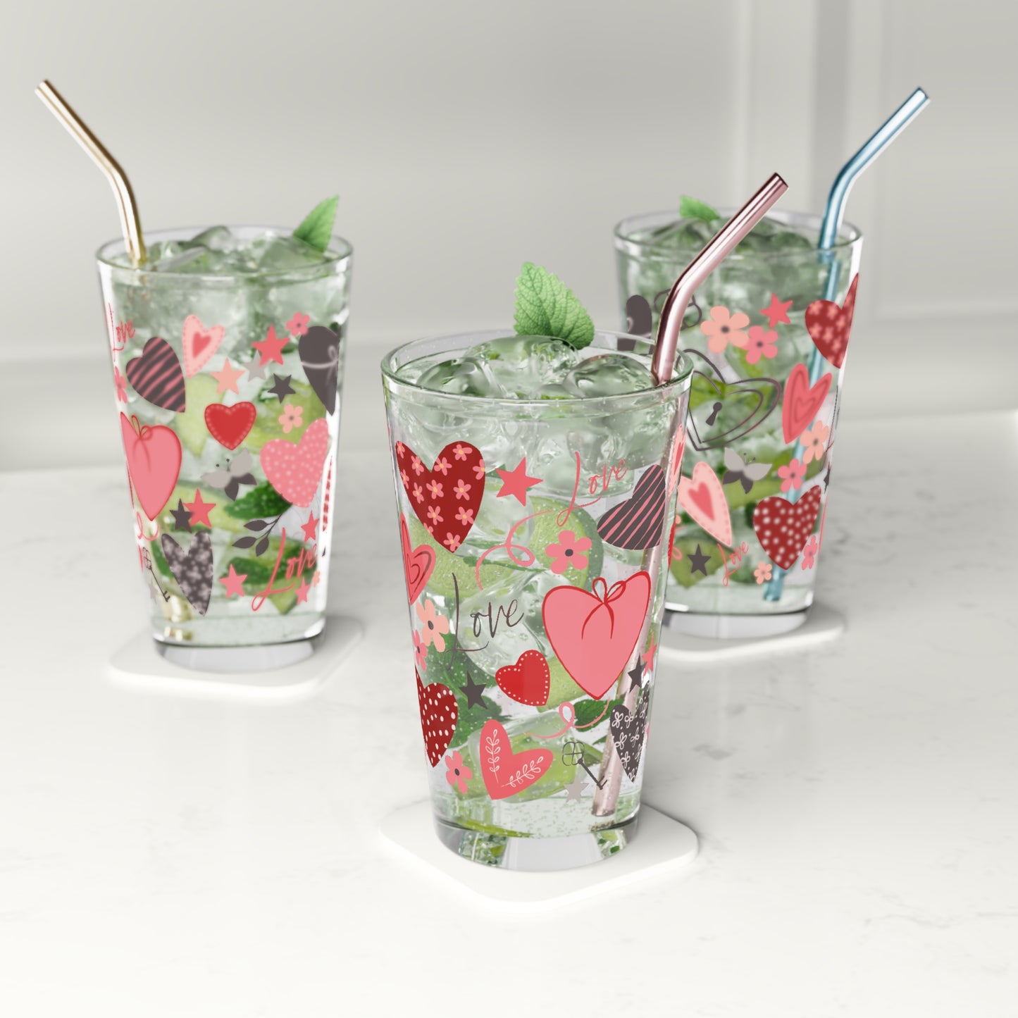 Hearts and Flowers Pint Glass, Valentines Day Glasses