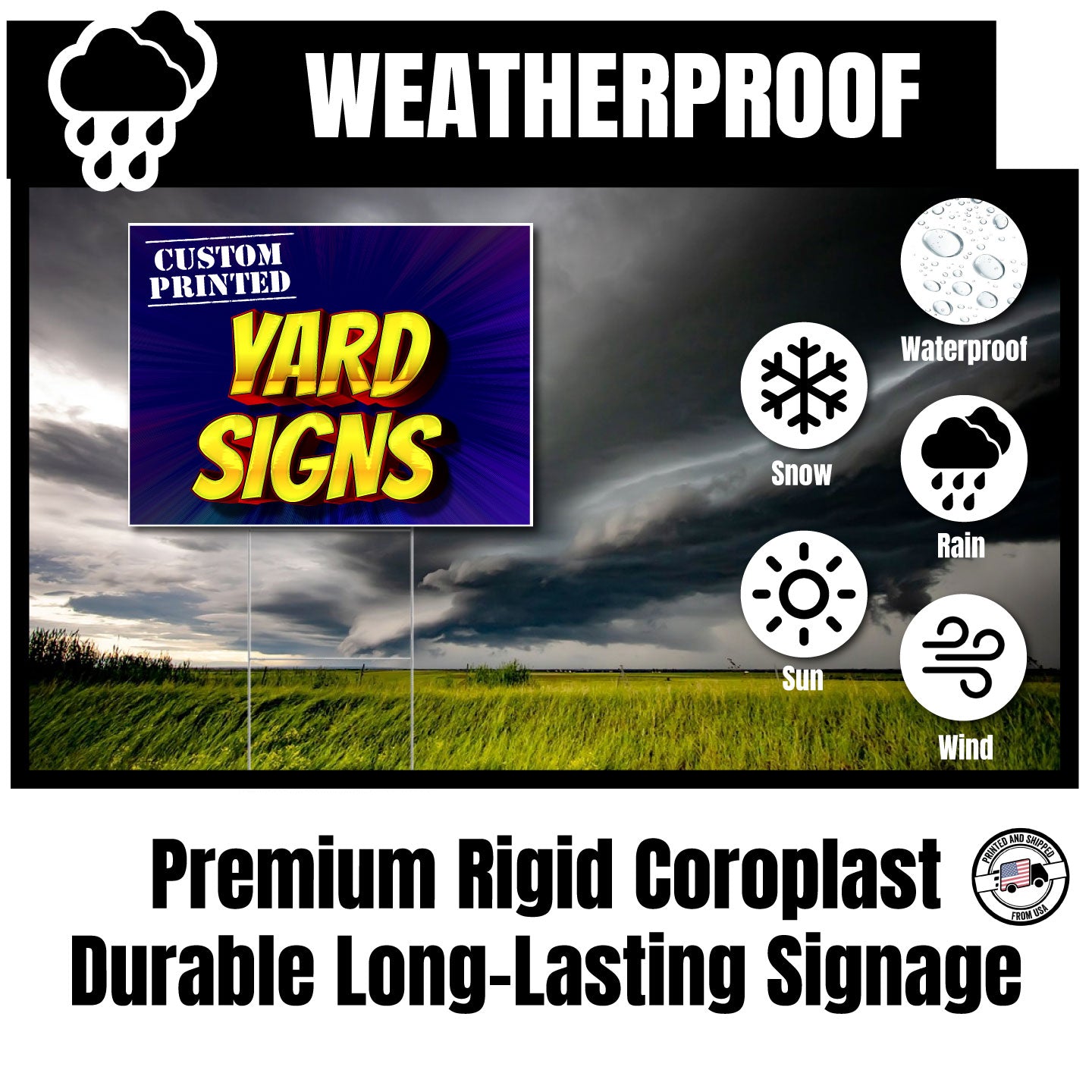 Advertisement for weatherproof yard signs with a dark sky and grass background.