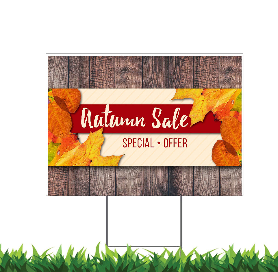 Seasonal Fall Autumn Storefront Yard Sign Wood Background Leaves