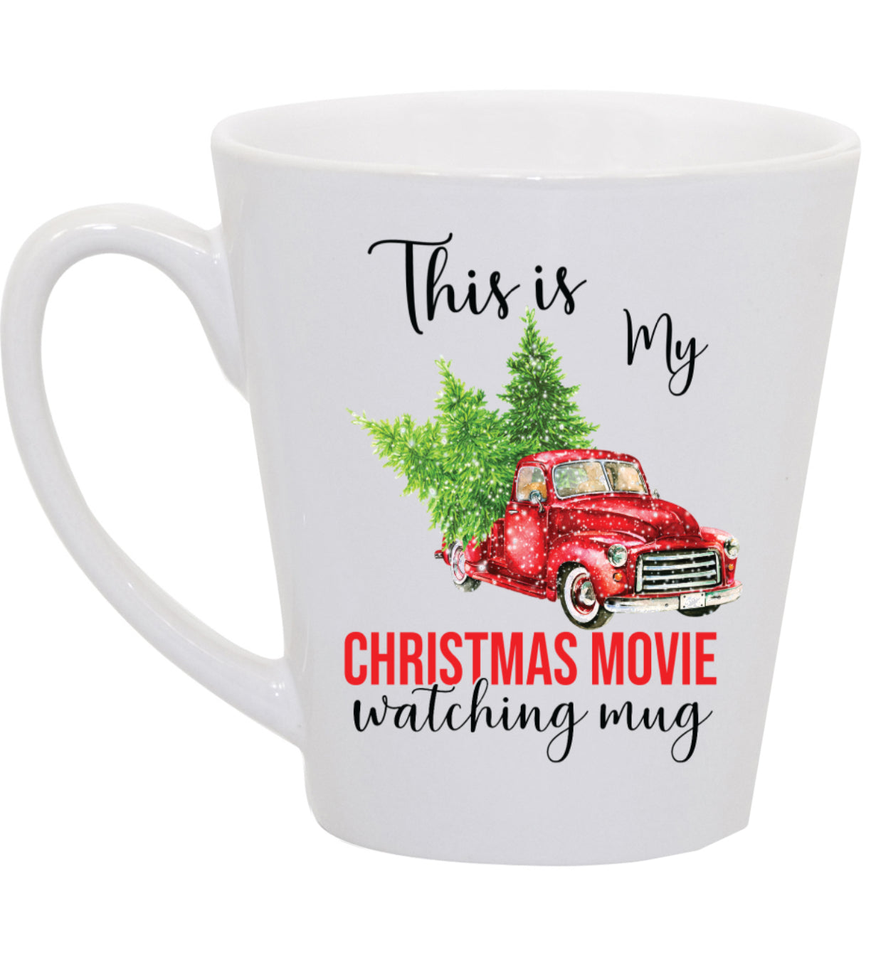 Christmas Movie Watching Coffee Mug with Truck, 11oz, 15oz, 20oz, Black Ringer Coffee Mug 11oz, Latte 12oz, v2 Ceramic Drinkware