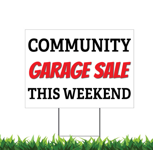 Community Garage Sale, Yard Sale Sign, 24x18 or 36x24 inch, Double Sided, H-Stake Included, v3