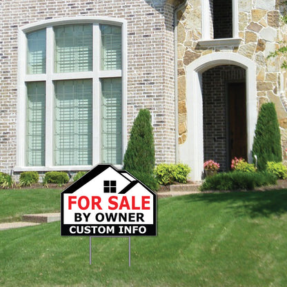 For Sale By Owner Custom Yard Sign, Die Cut to House Shape, 18x24 Inch Yard Sign, Single Side Print, Outdoor, Weatherproof Corrugated Plastic, Metal H-Stake Included, v2