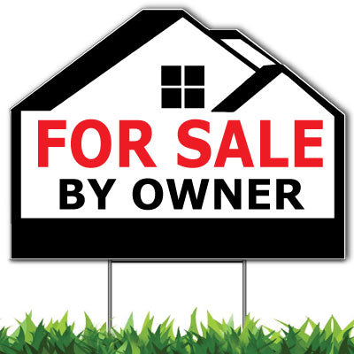 For Sale By Owner Custom Yard Sign, Die Cut to House Shape, 18x24 Inch Yard Sign, Single Side Print, Outdoor, Weatherproof Corrugated Plastic, Metal H-Stake Included, v2