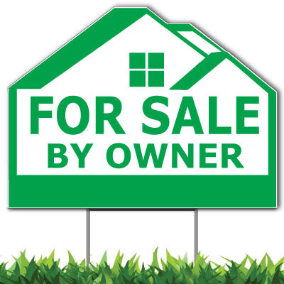 For Sale By Owner Custom Yard Sign, Die Cut to House Shape, 18x24 Inch Yard Sign, Single Side Print, Outdoor, Weatherproof Corrugated Plastic, Metal H-Stake Included, v2