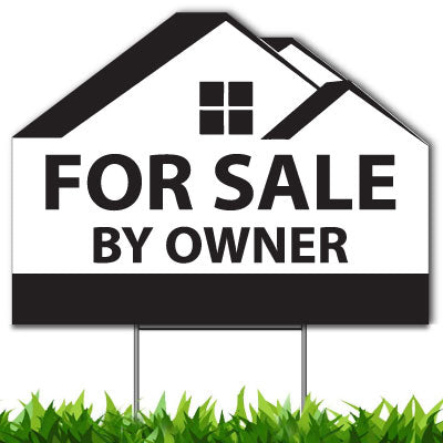 For Sale By Owner Custom Yard Sign, Die Cut to House Shape, 18x24 Inch Yard Sign, Single Side Print, Outdoor, Weatherproof Corrugated Plastic, Metal H-Stake Included, v1