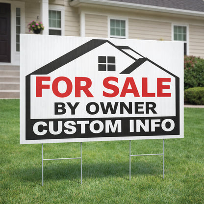 For Sale by Owner sign with customizable information on a grassy lawn in front of a house.