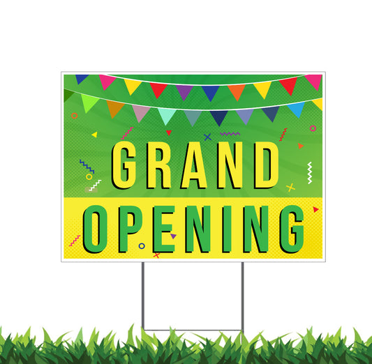 Grand Opening, Yard Sign, 18x12, 24x18, 36x24, Double Sided, H-Stake Included, v2