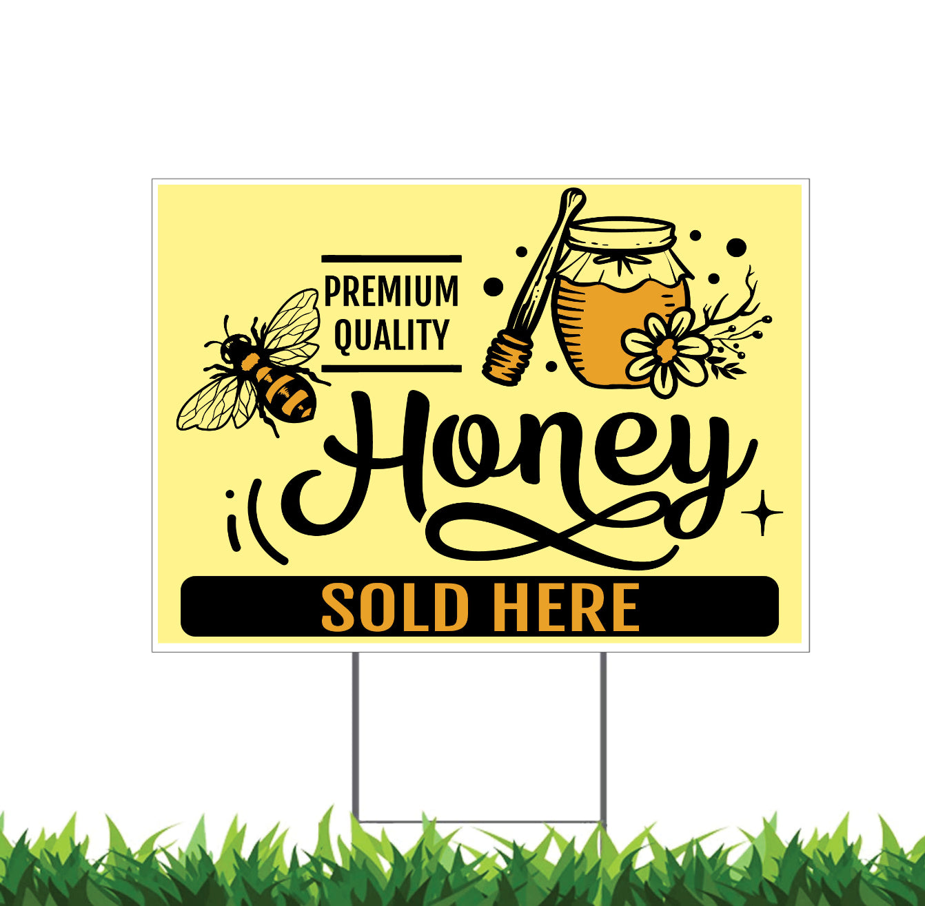 Honey Sold Here Sign, Premium Quality Honey, Yard Sign, 18x12, 24x18, 36x24, Double Sided, H-Stake Included, v3