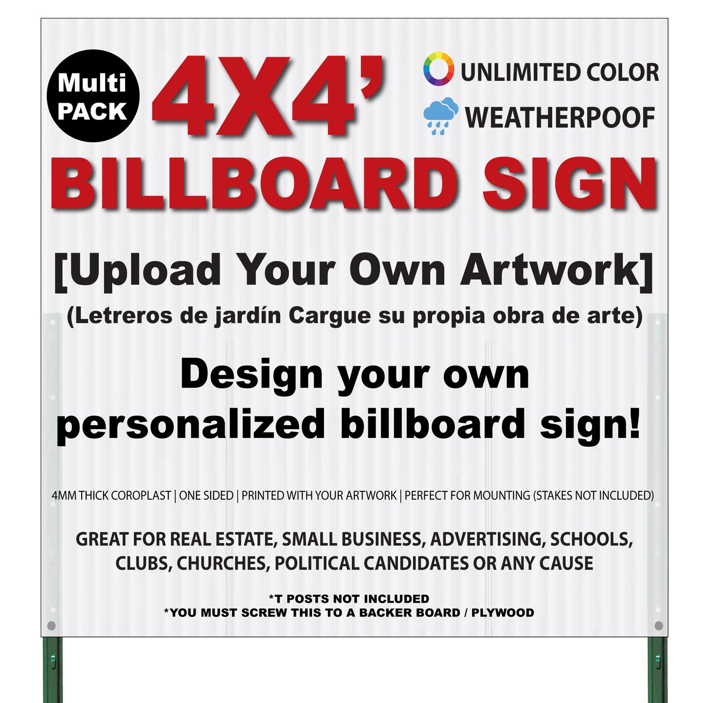 Custom Billboard Sign, Extra Large Yard Sign, 48 x 48 inch (4ft x 4ft), Outdoor, Weatherproof Corrugated Plastic