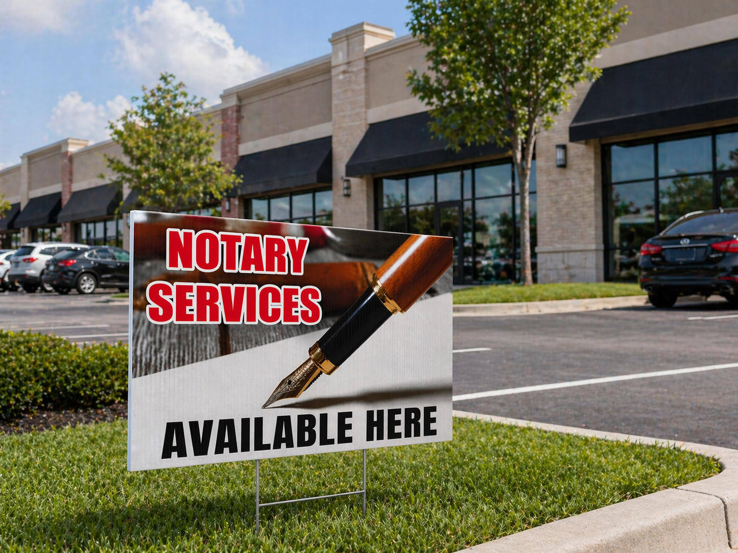 Notary services sign in front of a building with cars and trees in the background