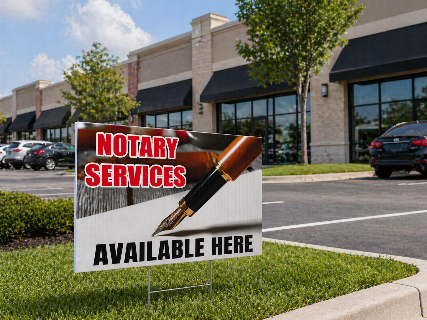 Notary services sign in front of a building with cars and trees in the background