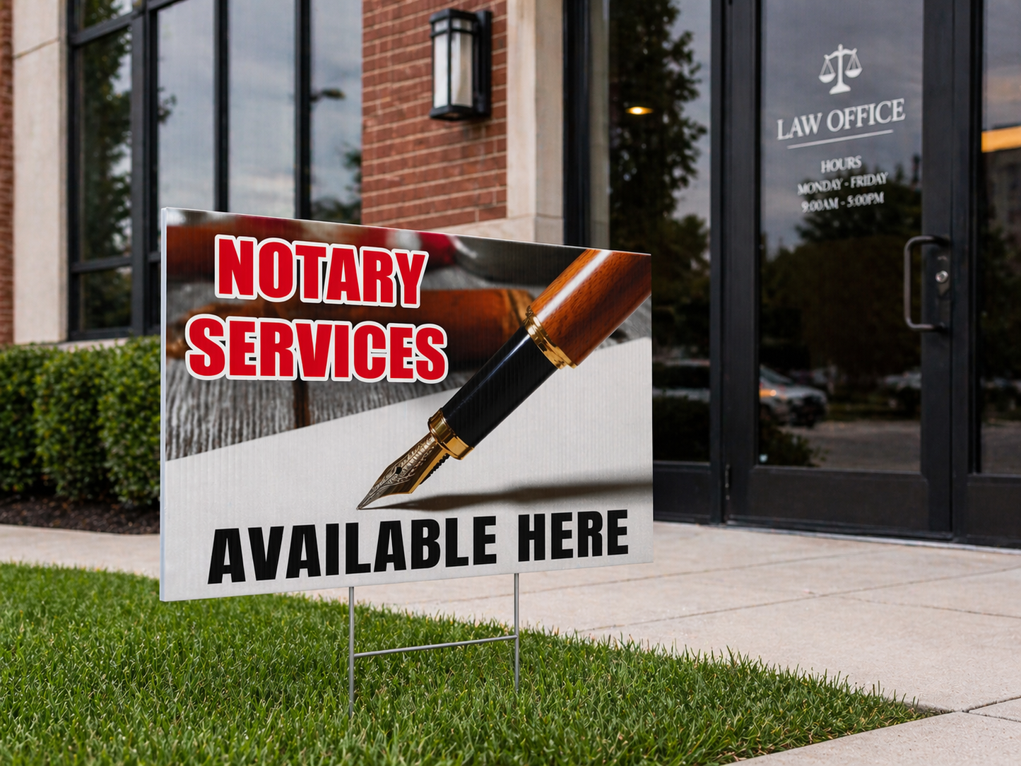 Notary services sign in front of a law office building