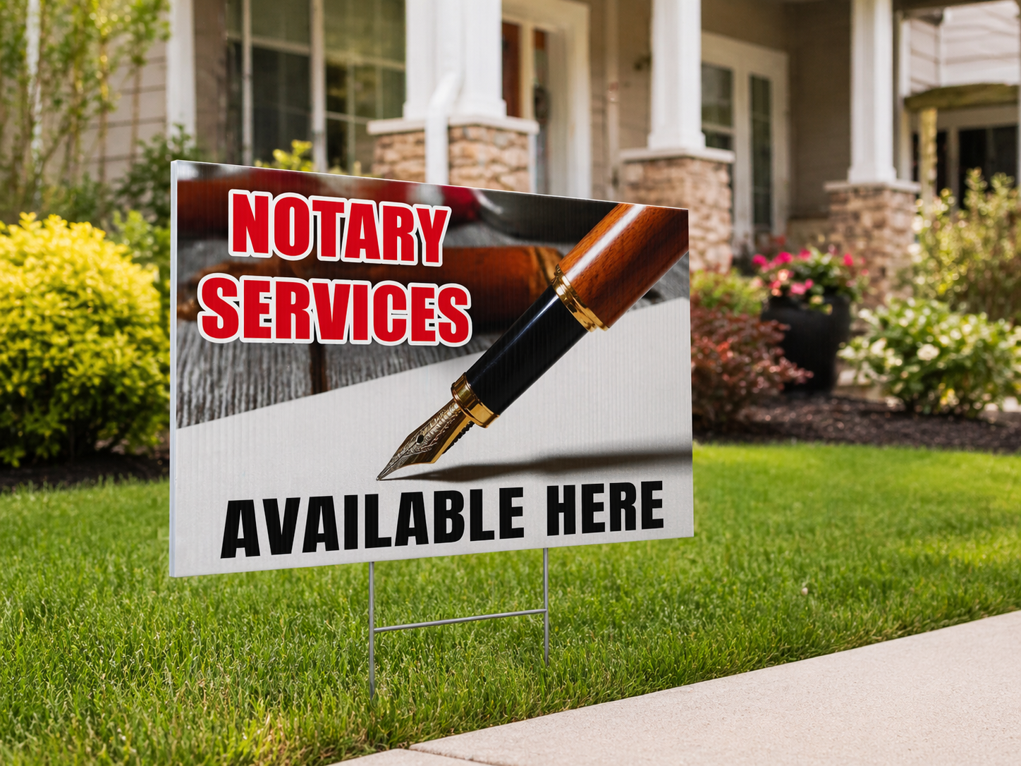 Garden sign advertising notary services with a pen graphic in front of a house.