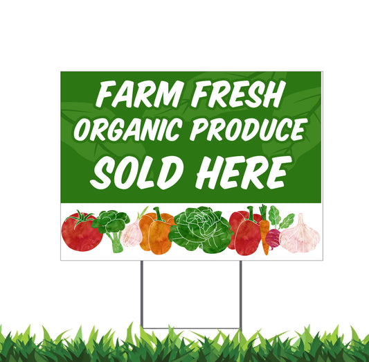 Farm Fresh Organic Produce Sign, Yard Sign, 18x12, 24x18, 36x24, Double Sided, H-Stake Included, v1