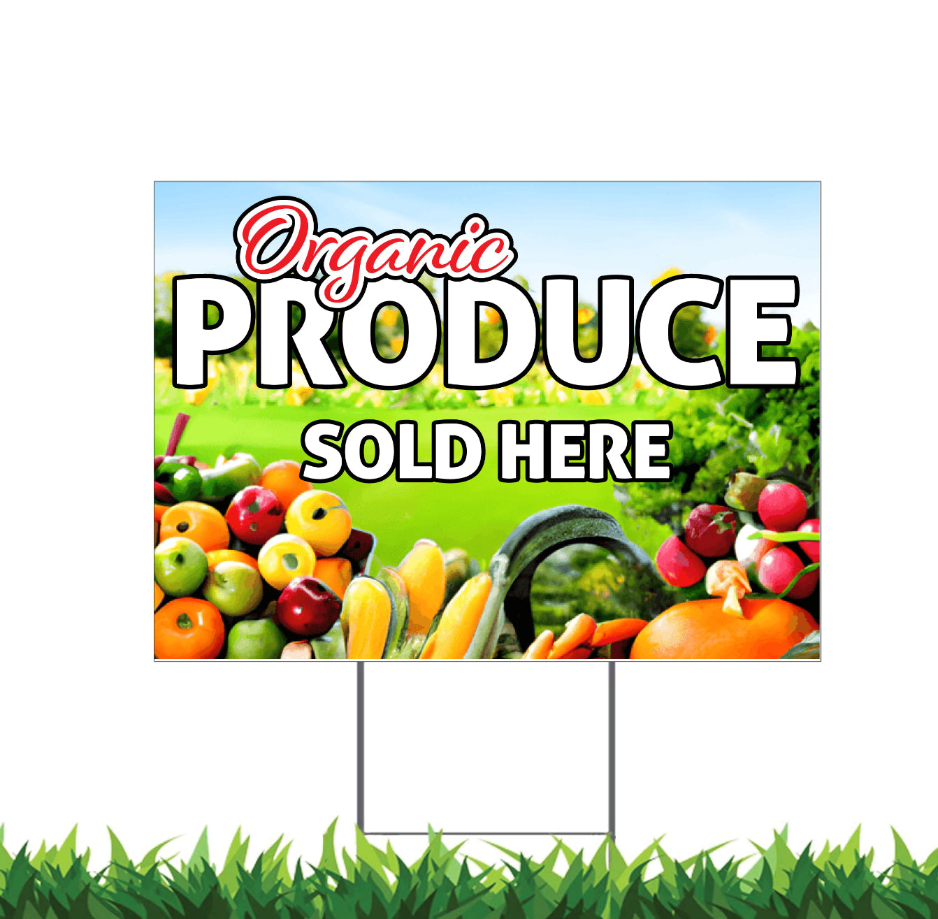 Organic Produce Sign, Yard Sign, 18x12, 24x18, 36x24, Double Sided, H-Stake Included, v3
