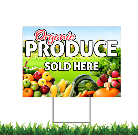 Organic Produce Sign, Yard Sign, 18x12, 24x18, 36x24, Double Sided, H-Stake Included, v3