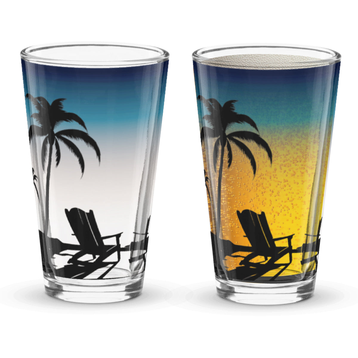 Two glasses with beach scene design featuring palm trees and lounge chairs.