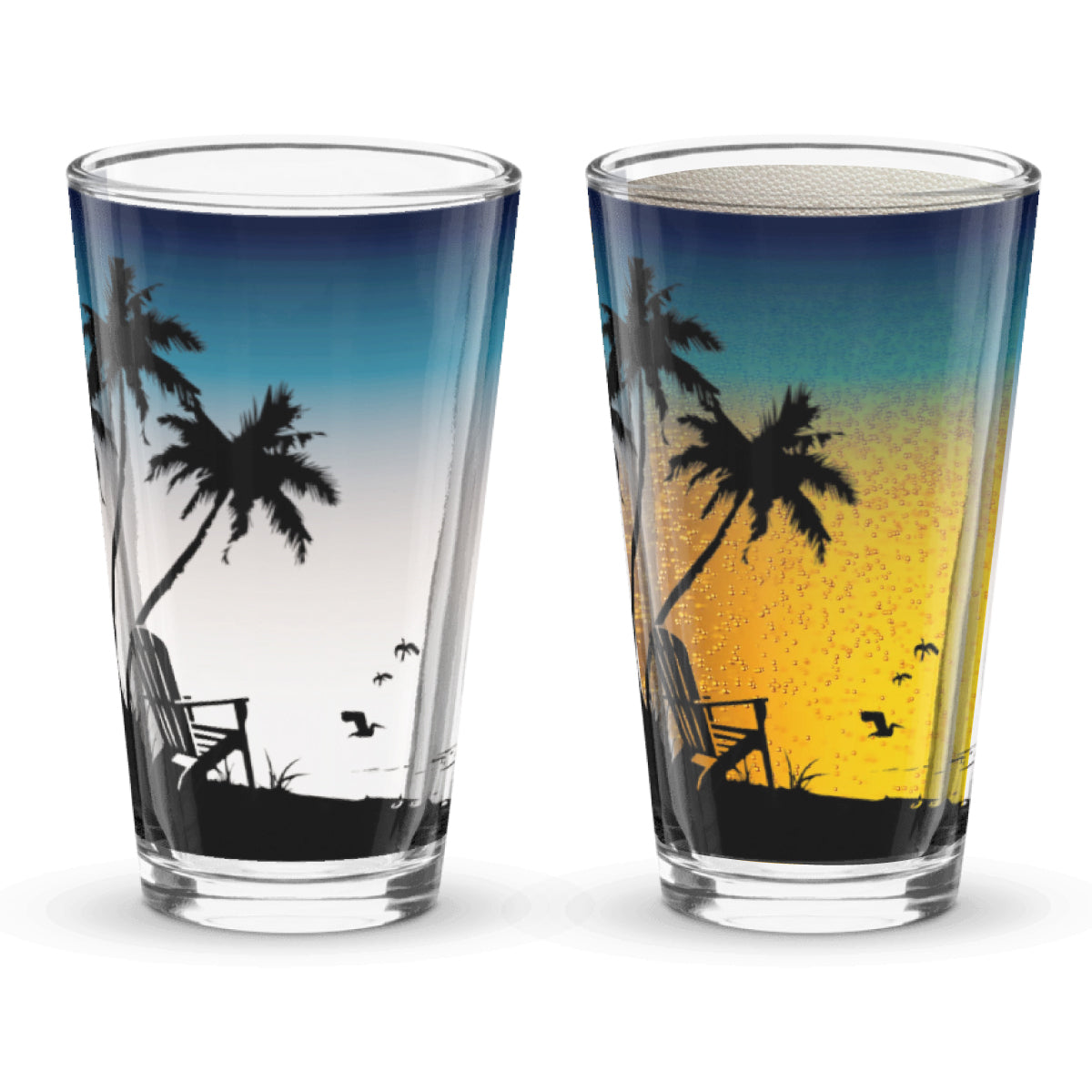 Two glasses with beach scene sunset background when beer is poured into the glass.