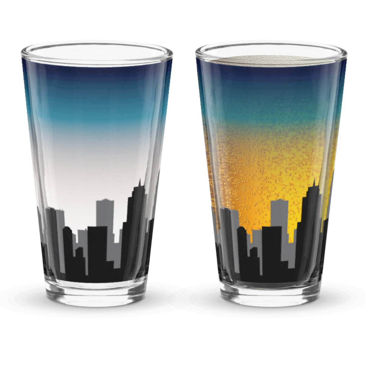 Two glasses with city skyline design on a sunset background when beer is poured into the glass.