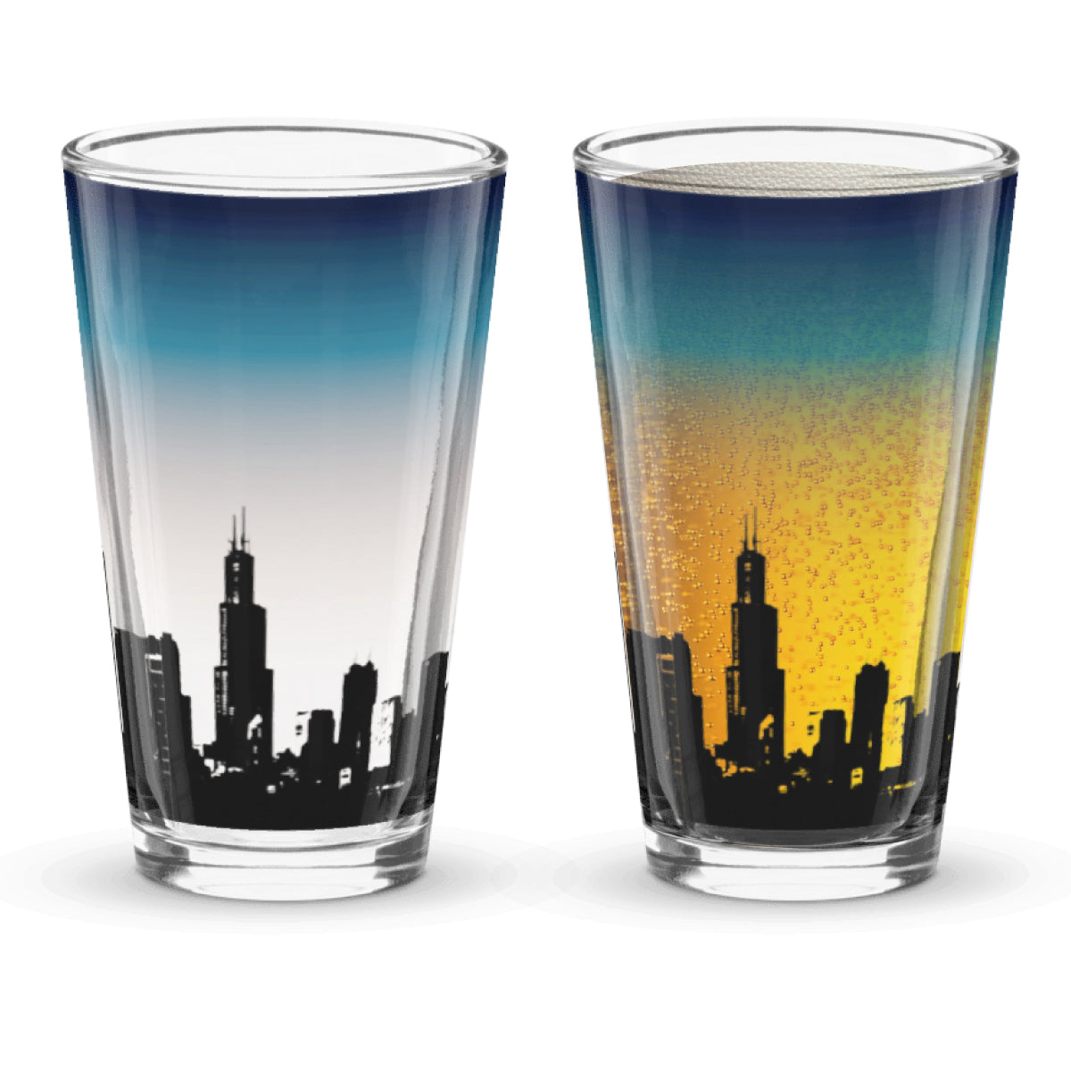 Two glasses with city skyline design, sunset background when beer is poured into the glass.