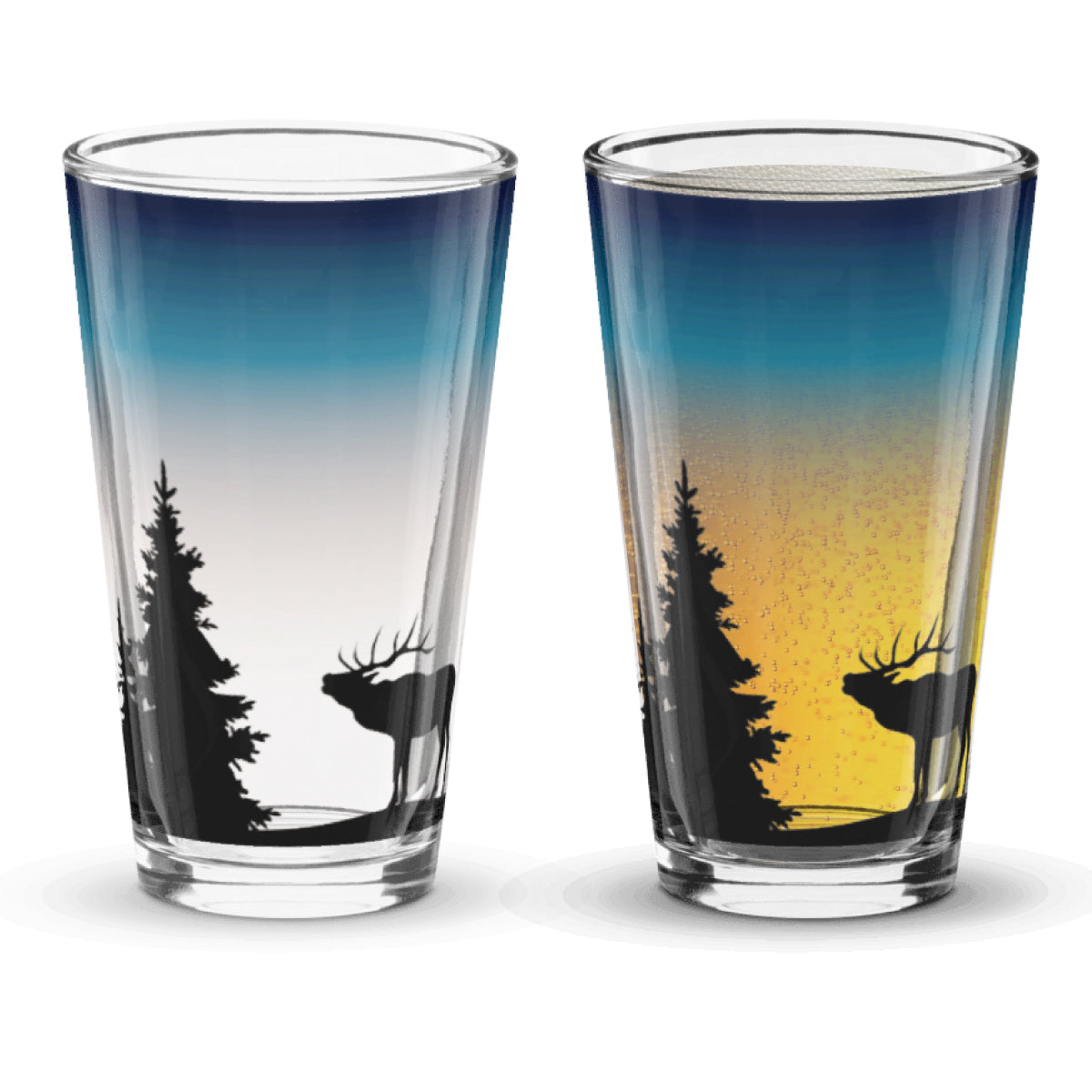 Two glasses with a design of an elk and trees designed on a sunset background when beer is poured into the glass.