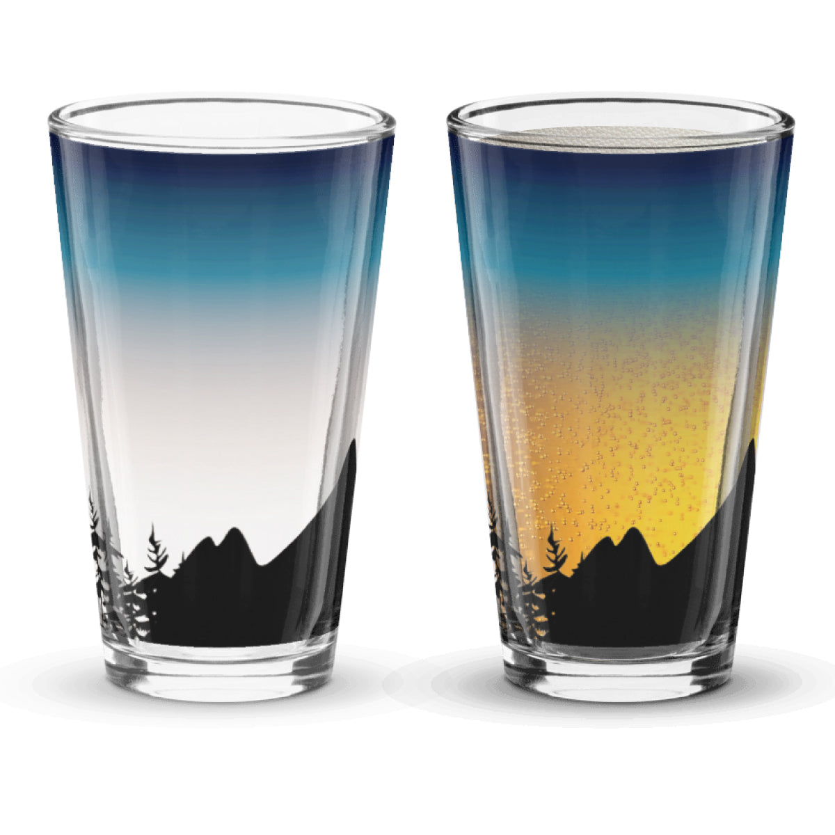 Two glasses with gradient designs of mountains and trees designed on a sunset background when beer is poured into the glass.