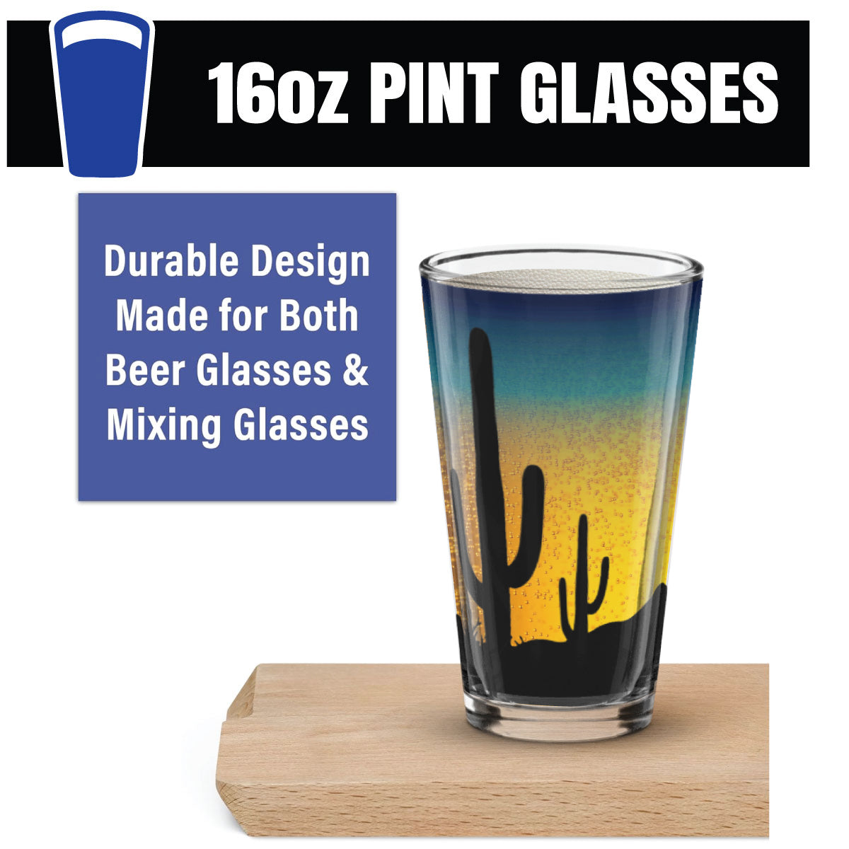 Clear 16oz pint glass on a wooden block with text about durability.