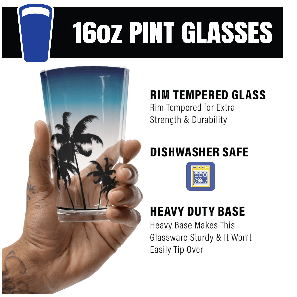 16oz pint glass held by a hand with promotional text about the glass's feature, dishwasher safe.